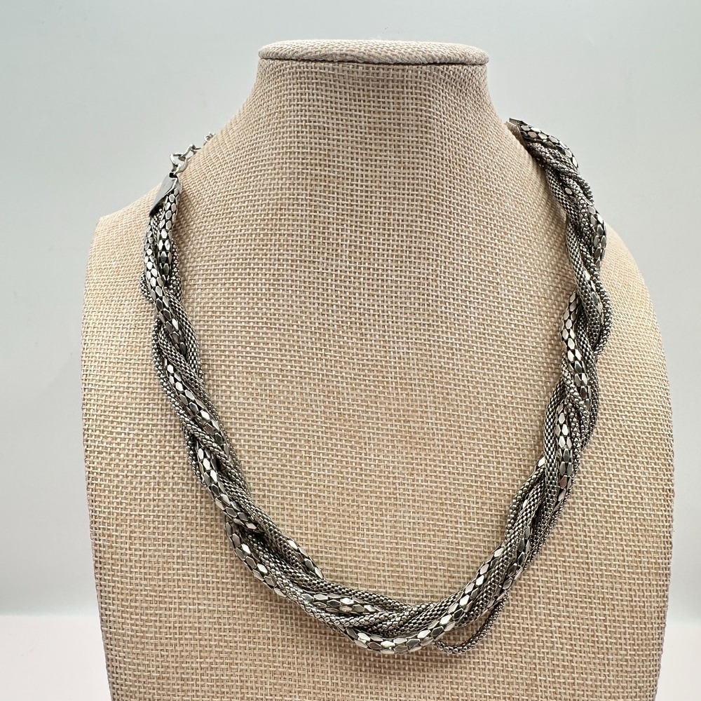 VTG 90s Charming Charlie Silver Tone Multi-Strand Braided Mesh Necklace Jewelry